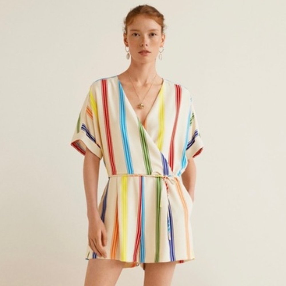 Mango Cord Striped Romper Cream Multicolor Size Medium | nickdurrclothes